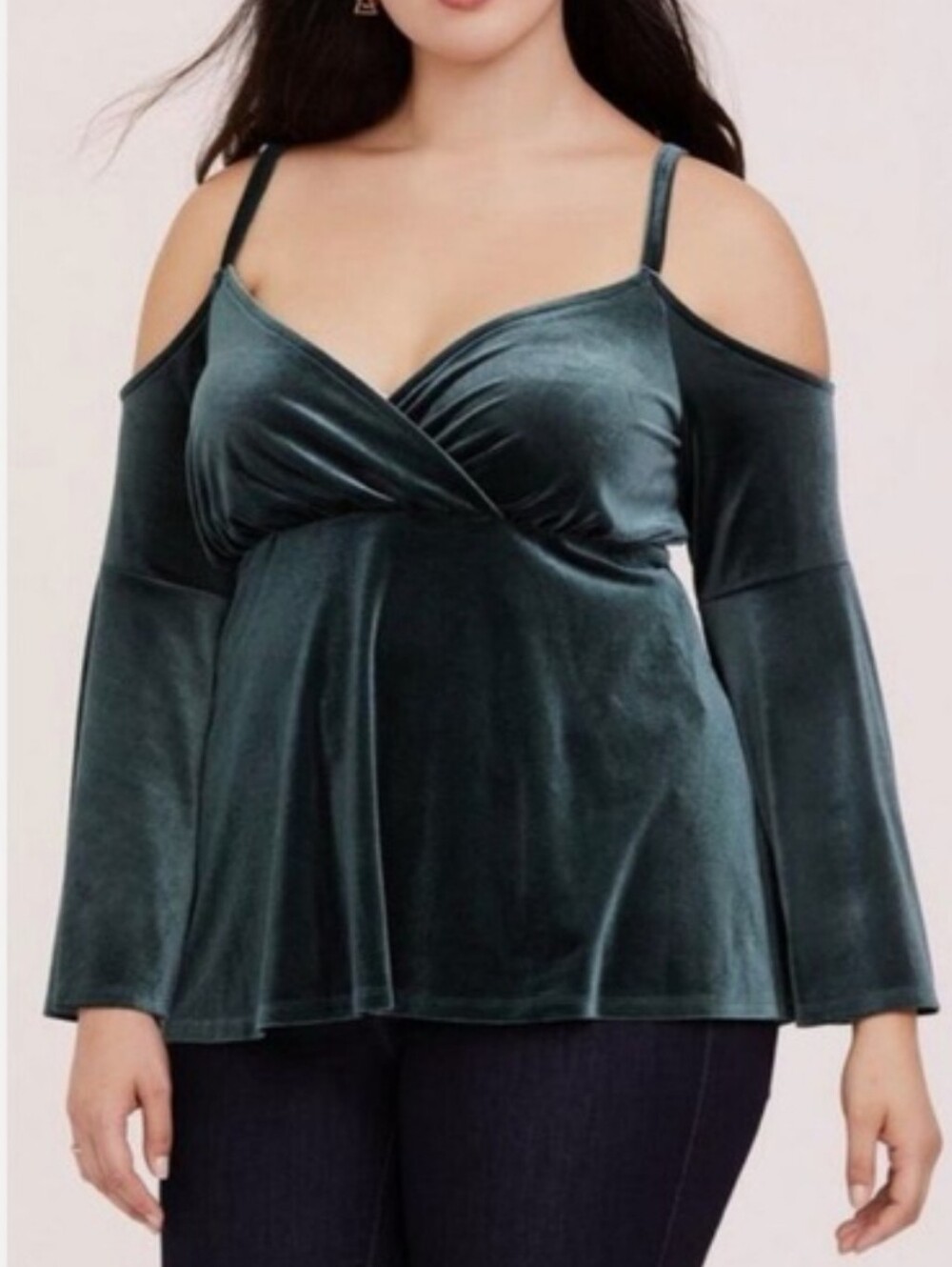 Torrid Green Velvet Bell Sleeve Cold Shoulder Low Cut Blouse Size 1